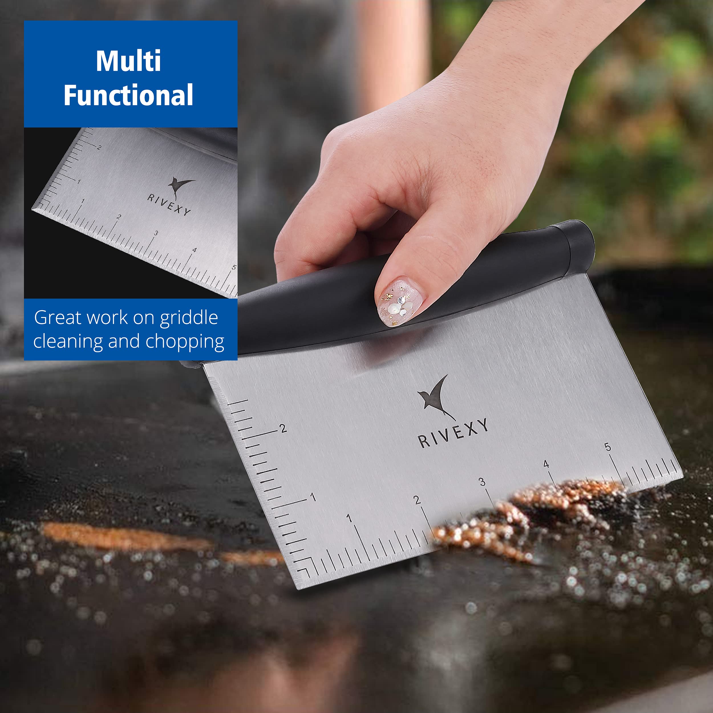 Rivexy Griddle Scraper Stainless Steel - Grill Scraper For Griddle, Griddle Scraper Tool, Flat Top Grill Scraper, Dough Scraper